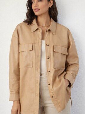 Maeve Anthropologie Beige Faux Leather Shacket Size XL – Button Front